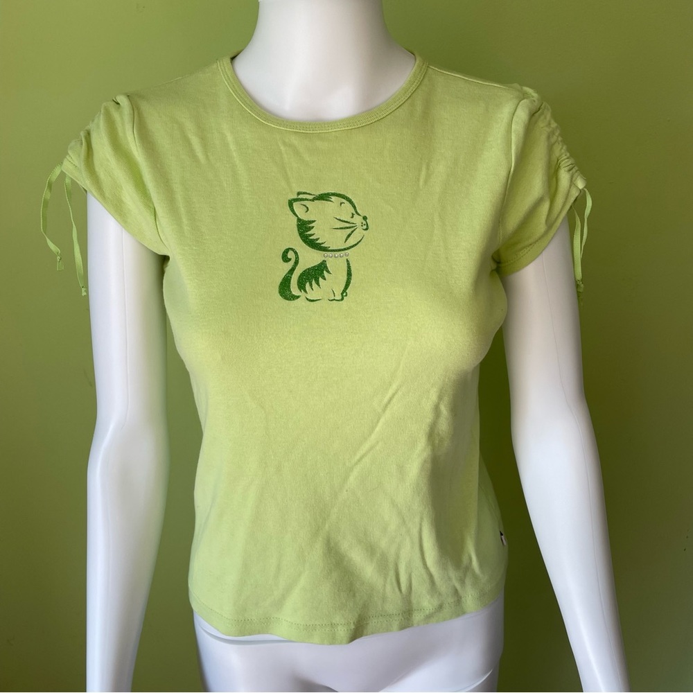VINTAGE Y2K LIME GREEN KITTY GRAPHIC T SHIRT SIZE XL GIRLS 100% COTTON